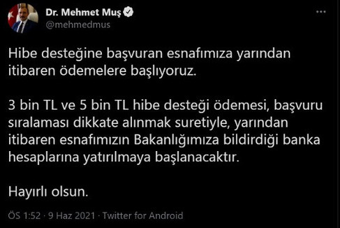 Esnafa hibe desteği ödemeleri yarın itibarıyla başlıyor! - Resim : 1