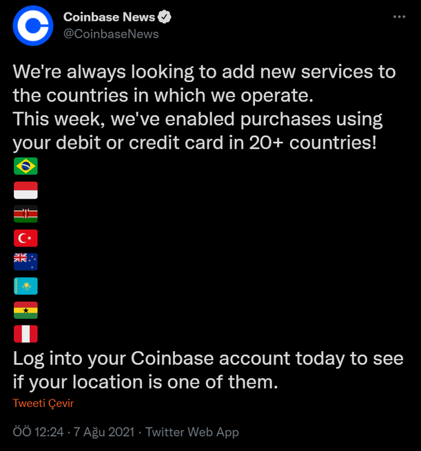 Coinbase, Türkiye’de kredi ve banka kartıyla kripto para satın alımına geçiyor - Resim : 1