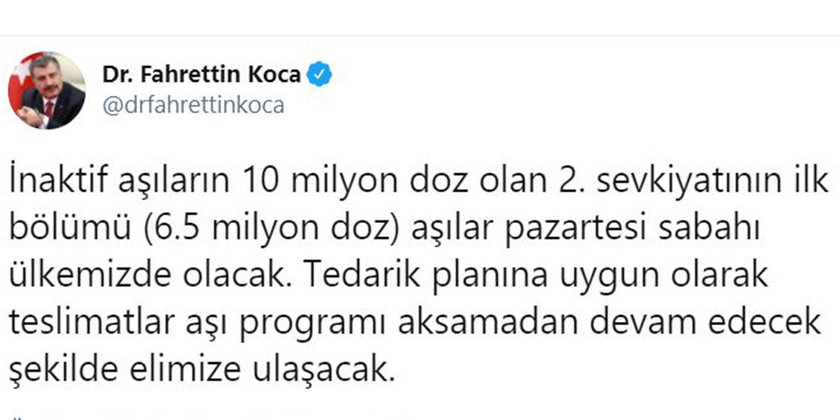 Bakan Koca'dan aşı müjdesi! 6,5 milyon doz... - Resim : 1